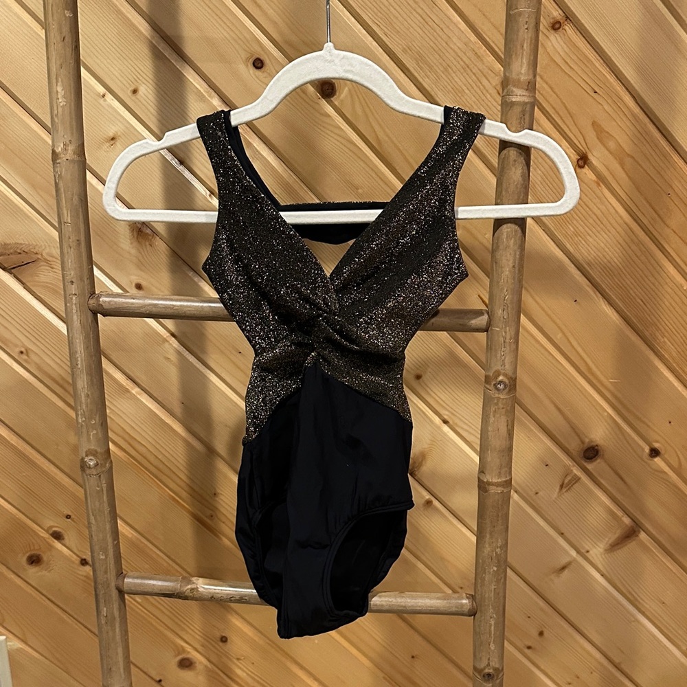 CM Eleve Sparkle Black and Gold Twisted Front Leotard